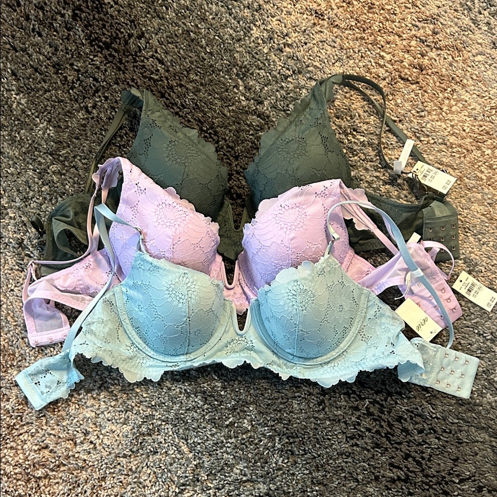 Aerie Lace Underwire Bra Trio - Green, Lavender, Light Blue